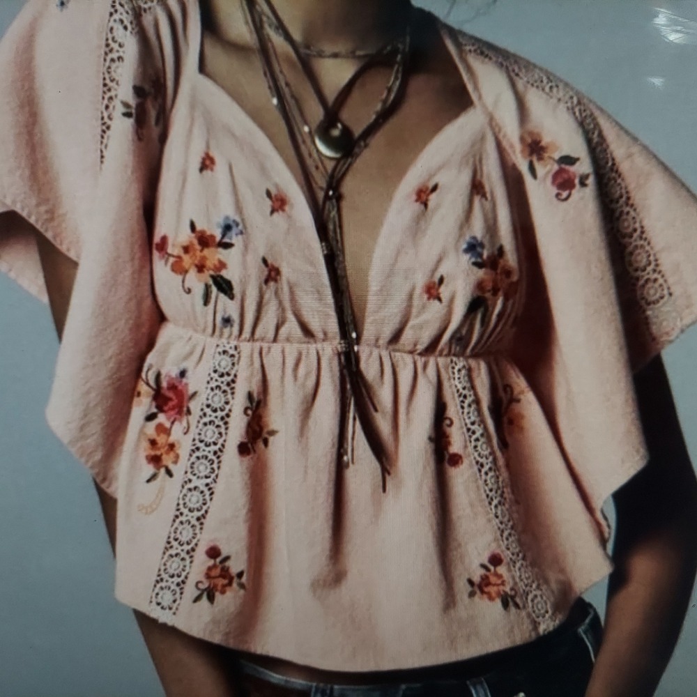 Free People Womens Cotton Embroidered Top XS Peach Boho Flutter Sleeve Tie Back